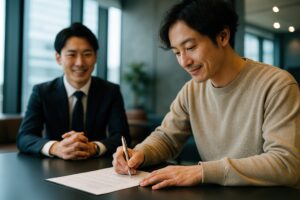 契約書に署名するカジュアルな服装の男性