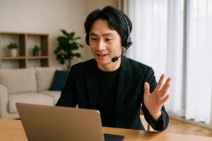 ヘッドセットを着用してオンライン会議をするビジネスマン