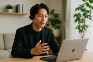 ヘッドセットを着用してオンライン会議をするビジネスマン