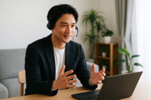 ヘッドセットを着用してオンライン会議をするビジネスマン