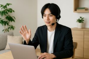 ヘッドセットを着用してオンライン会議をするビジネスマン