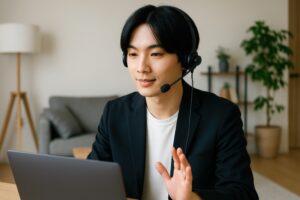 ヘッドセットを着用してオンライン会議をするビジネスマン