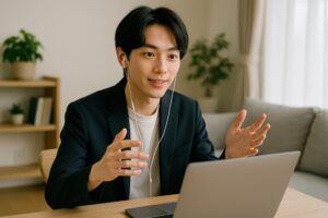 ビデオ会議で説明する若いビジネスマン