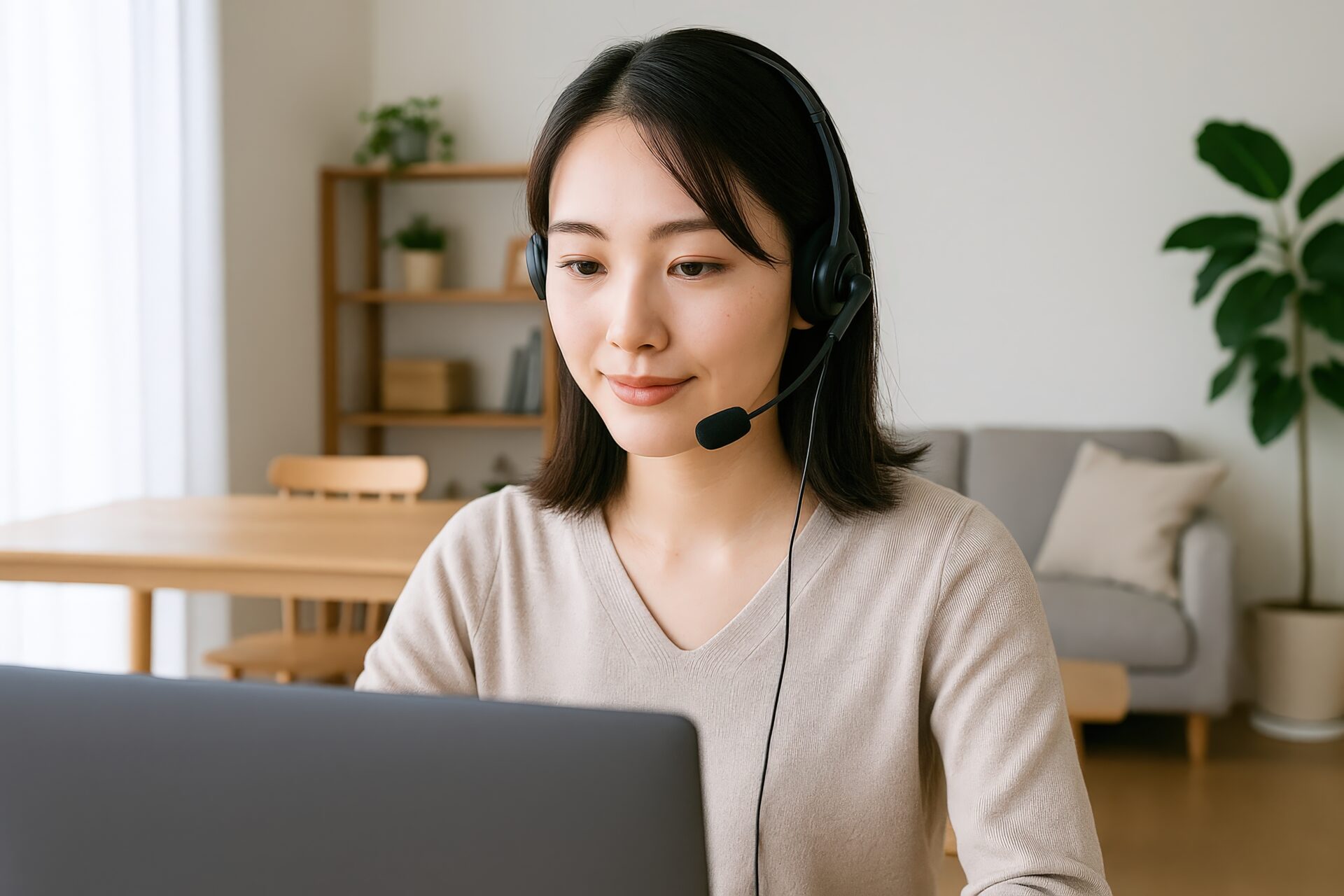 ヘッドセットでパソコン作業をする若い女性