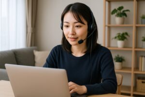 ヘッドセットを着用してパソコン作業をする若い女性
