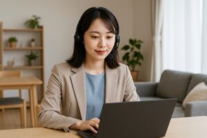 ヘッドセットでパソコン作業をする若いビジネスウーマン