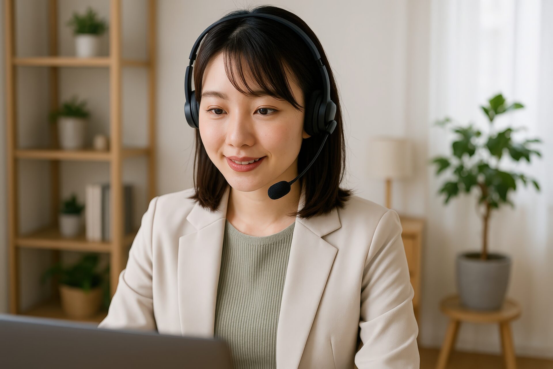 ヘッドセットを着用してパソコンで作業する若いビジネスウーマン