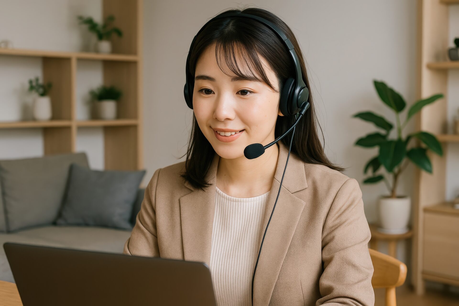 ヘッドセットでビデオ会議に参加する若いビジネスウーマン