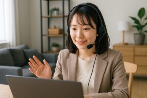 ビデオ会議に参加するビジネスマンと画面の参加者たち