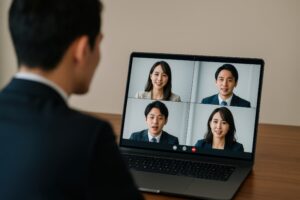 オンラインミーティングに参加するビジネスマン