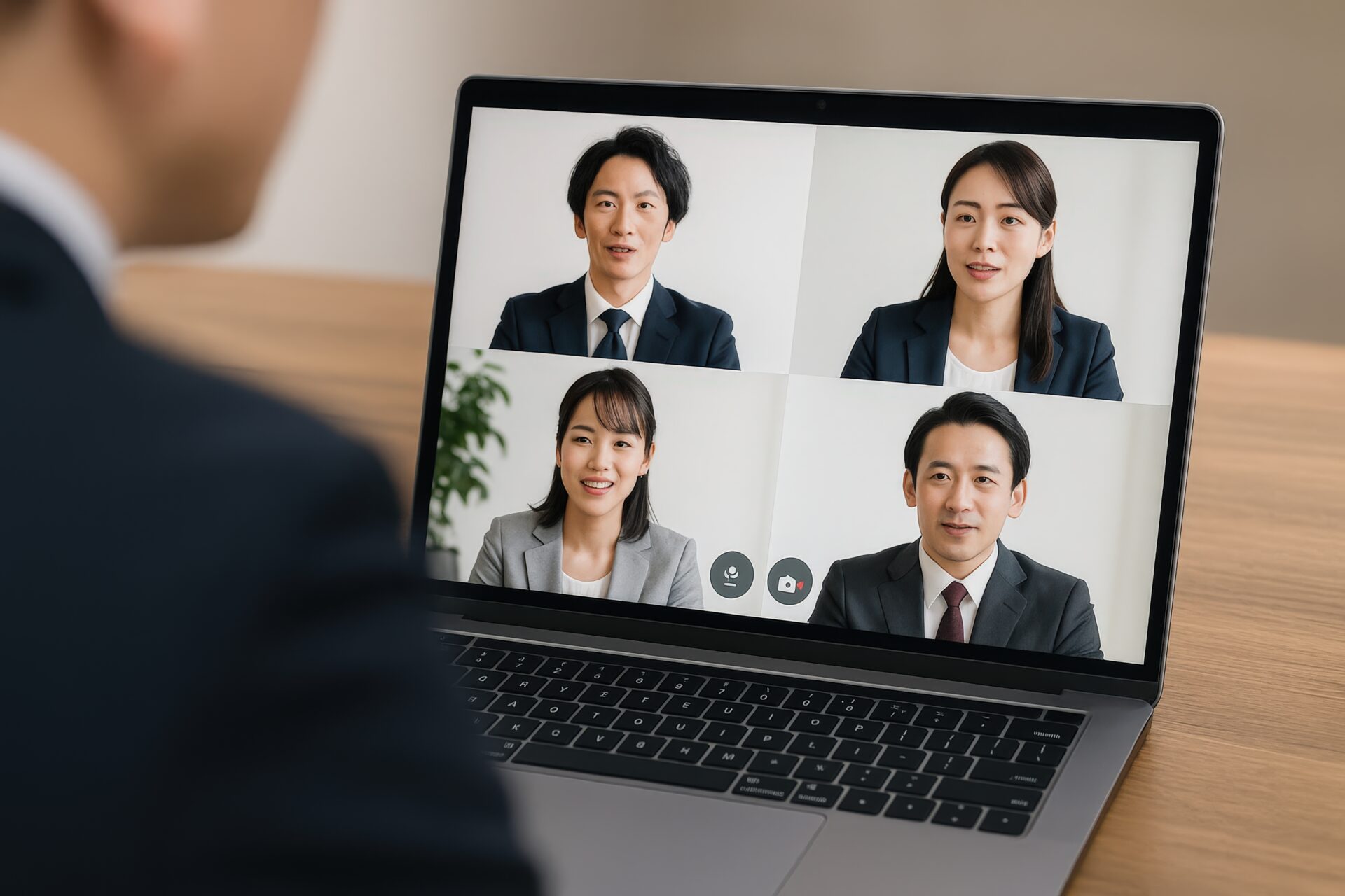 ノートパソコンでオンライン会議に参加するビジネスマン