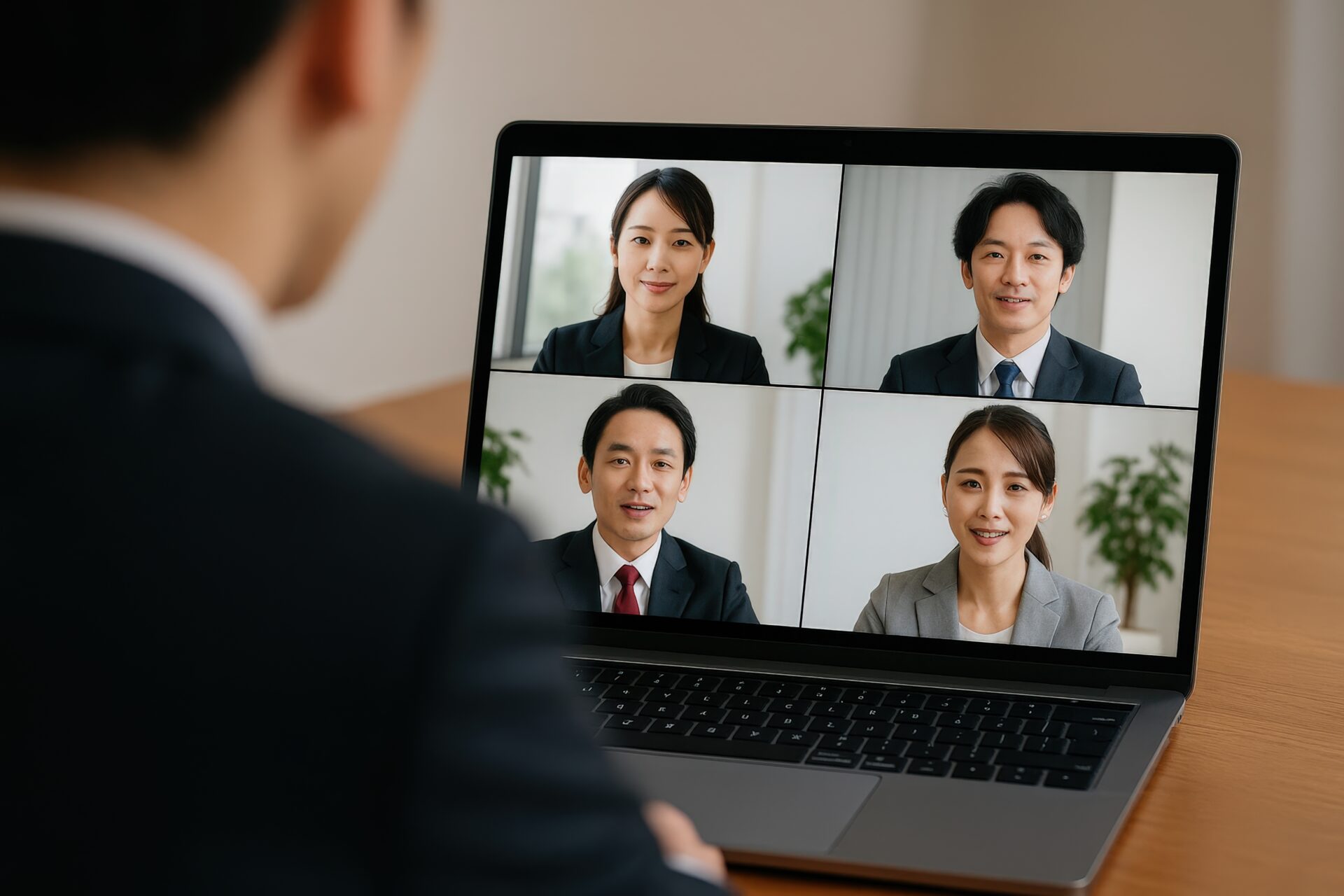 ビデオ通話でチームと打ち合わせをするビジネスマン