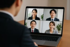 ビデオ通話でチームと打ち合わせをするビジネスマン