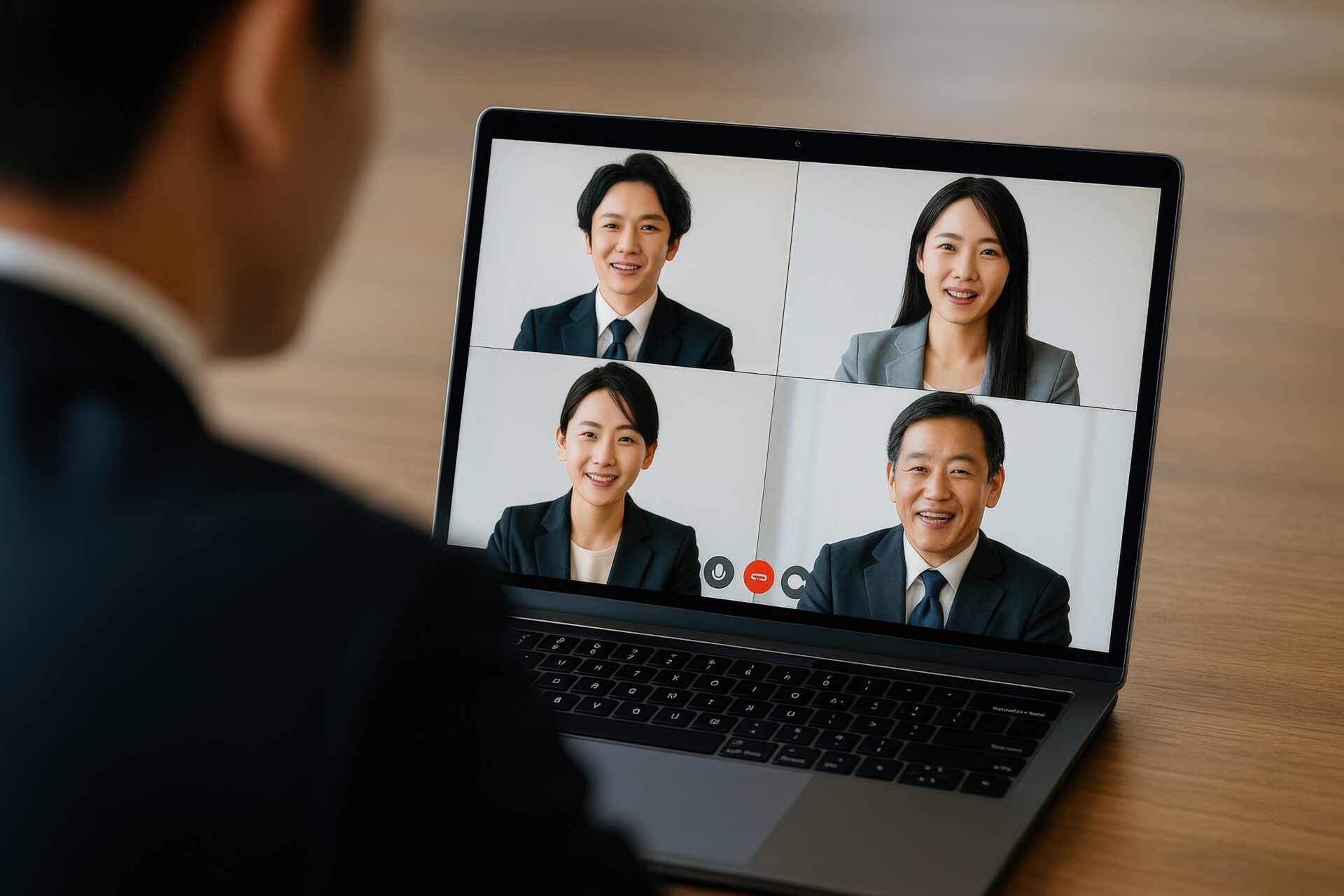 ビデオ会議でチームと話すビジネスマン