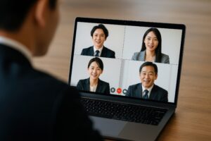 ビデオ会議でチームと話すビジネスマン