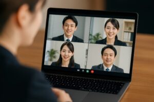 ノートパソコンでオンライン会議に参加するビジネスウーマン