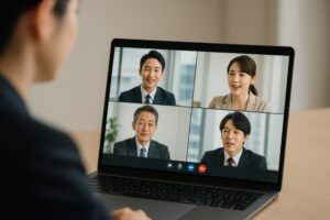 ビデオ会議で複数の参加者と話すビジネスウーマン