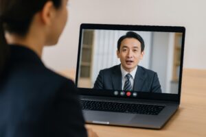 オンラインミーティングでプレゼンするビジネスマン