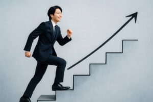 成長を目指して階段を上るスーツ姿のビジネスマン