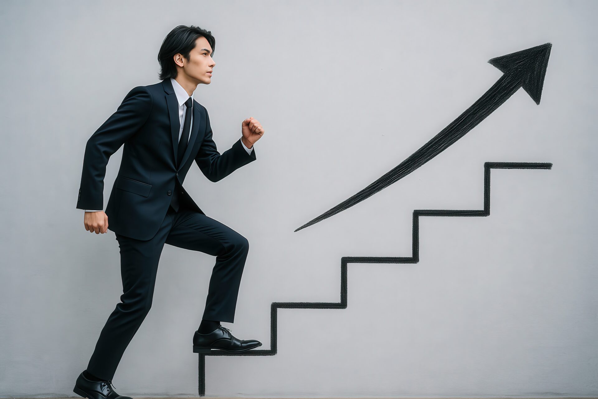 真剣な表情でキャリアアップを目指して階段を上るビジネスマン