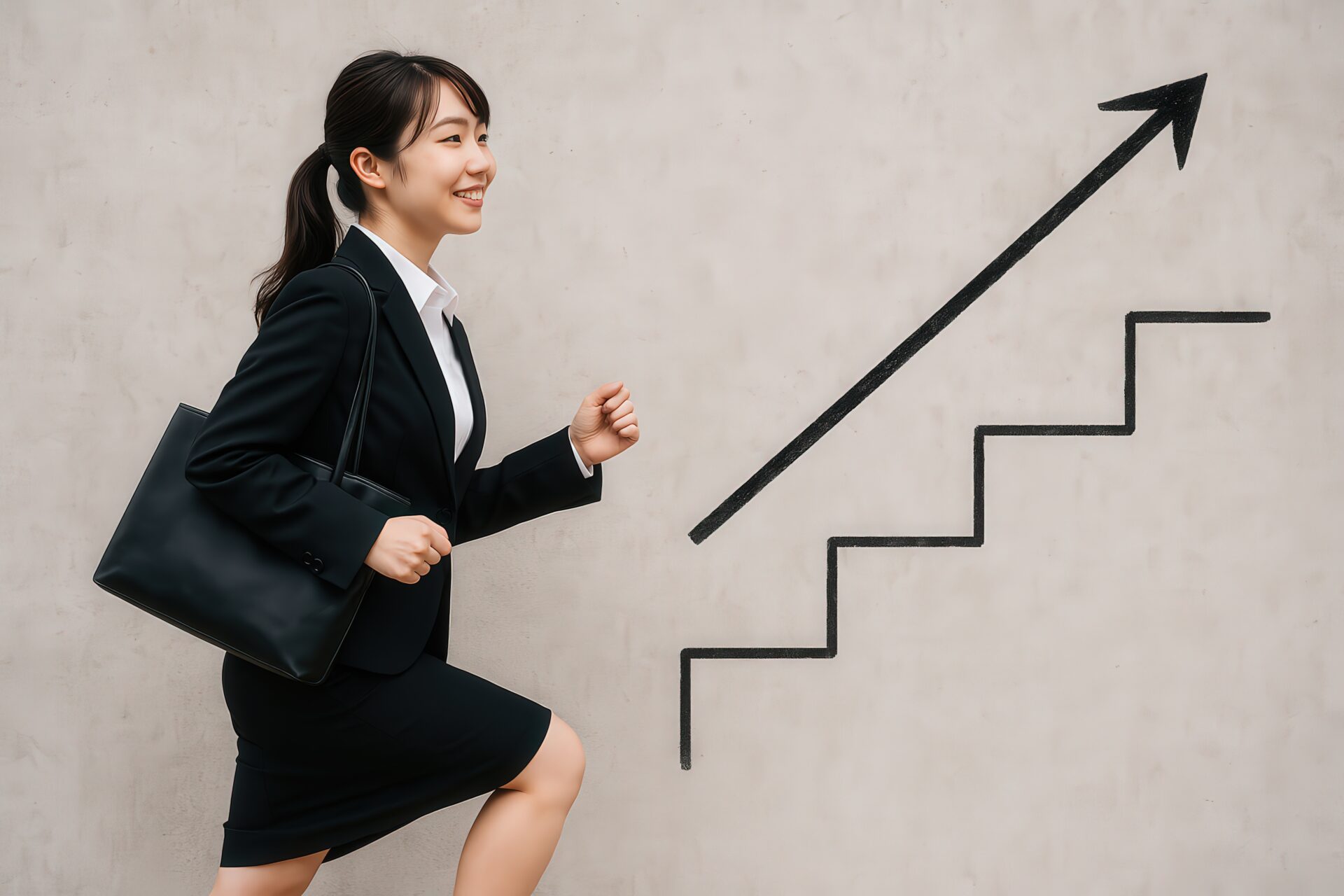 ビジネスバッグを持ちキャリアステップを進むビジネスウーマン