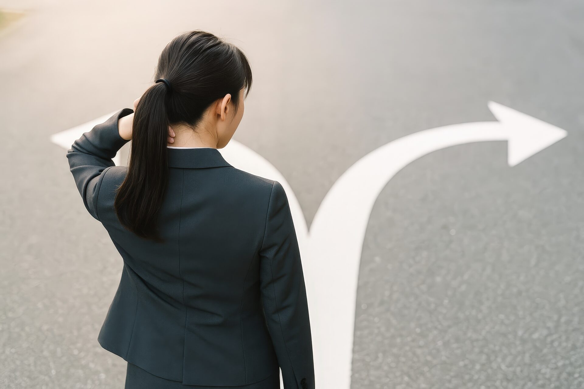 キャリアの選択肢に悩むスーツ姿の女性と分岐点