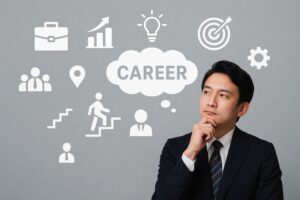 キャリアについて思案するビジネスマンとアイコン