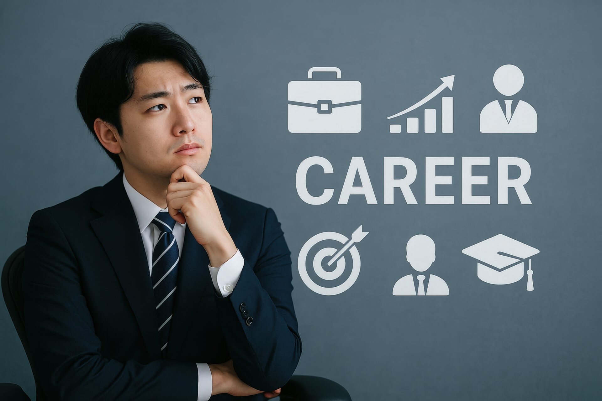 キャリアについて考えるスーツ姿の若い男性とアイコン