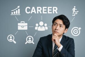 キャリアパスを思案するビジネスマンとビジネスアイコン