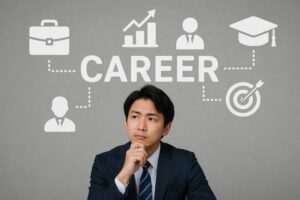キャリアアップを考える若手ビジネスマンと目標アイコン