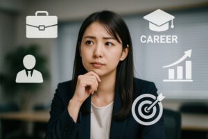 キャリアの選択肢を考えるスーツ姿の女性とビジネスアイコン