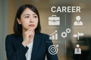 キャリアプランを思案するビジネスウーマンとアイコン