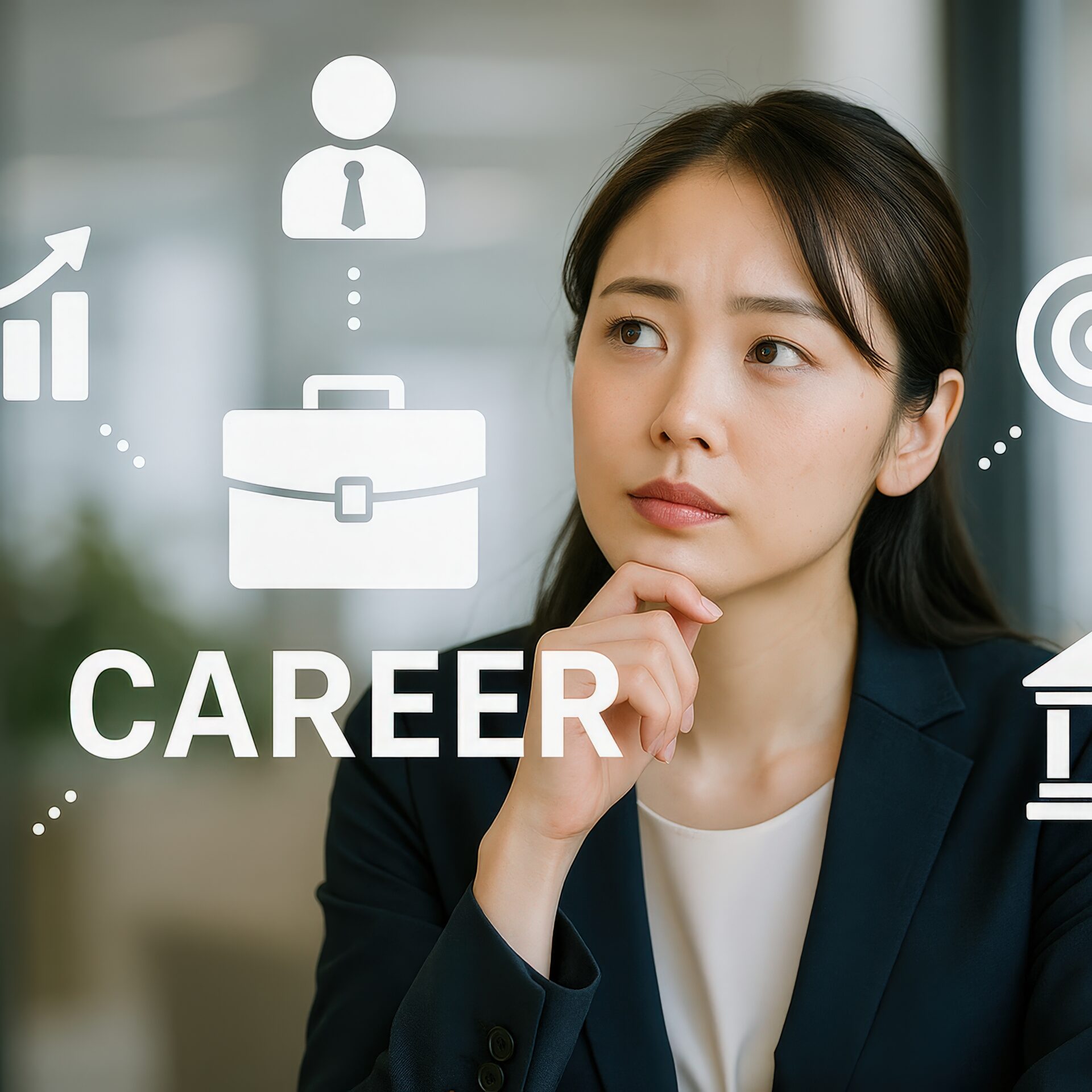 キャリア戦略を考える女性と成長のアイコン