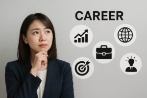 キャリア形成を考える若いビジネスウーマンとビジネスアイコン