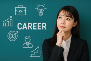 キャリアについて考えるスーツ姿の若い女性とアイコン