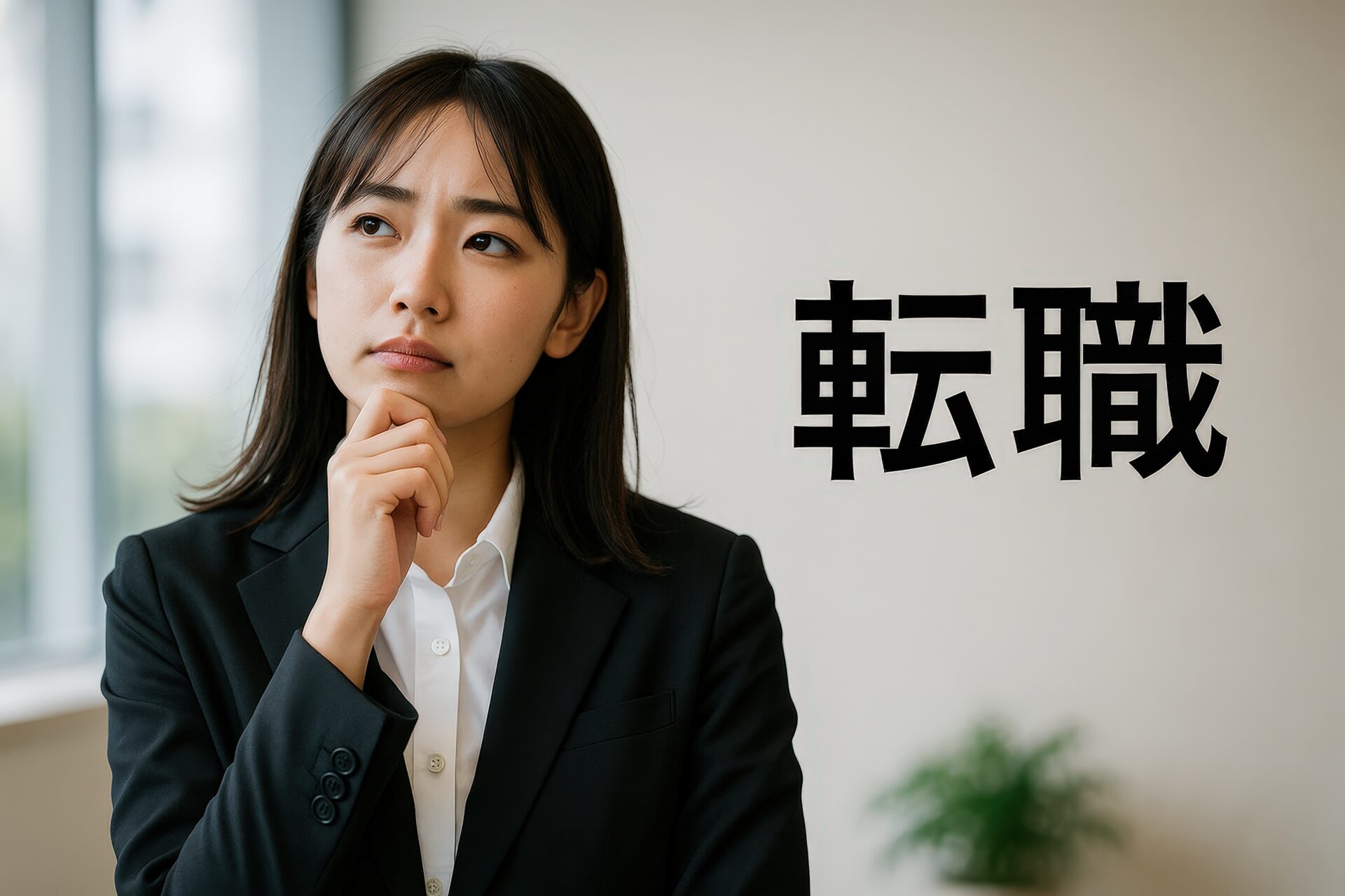 転職を考えるビジネスウーマンと「転職」の文字