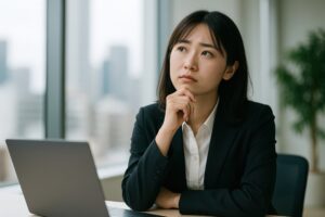 転職について考えるオフィスの若い女性
