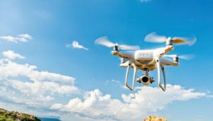 雲の背景で飛行中の白いドローン