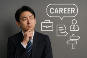 キャリアについて考えるスーツ姿の若い男性とアイコン