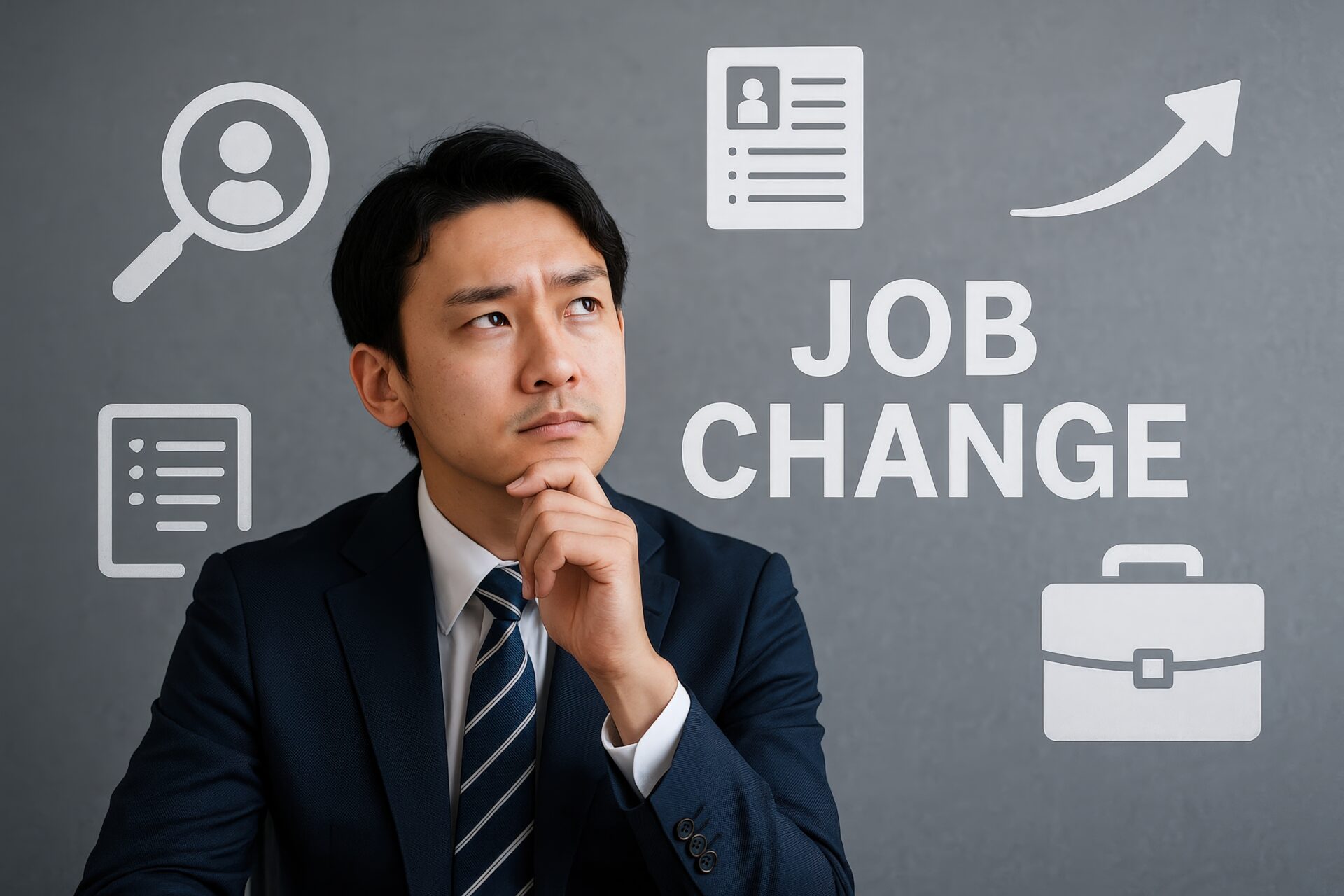 JOB CHANGEの文字と転職を考えるスーツ姿の若い男性