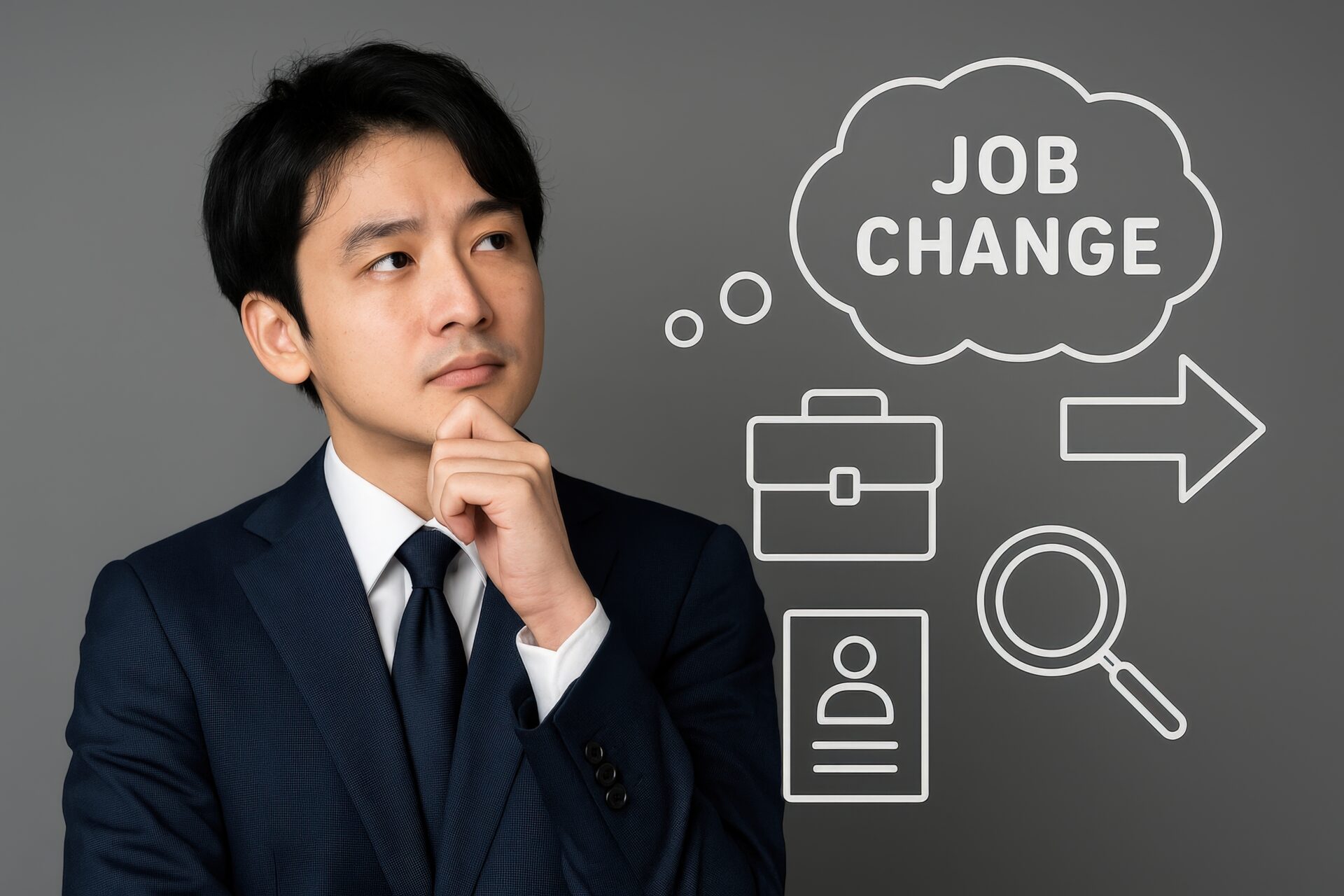 JOB CHANGEの吹き出しと考えるビジネスマン