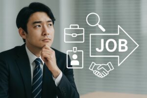 JOBのアイコンと新しい仕事を考える若い男性