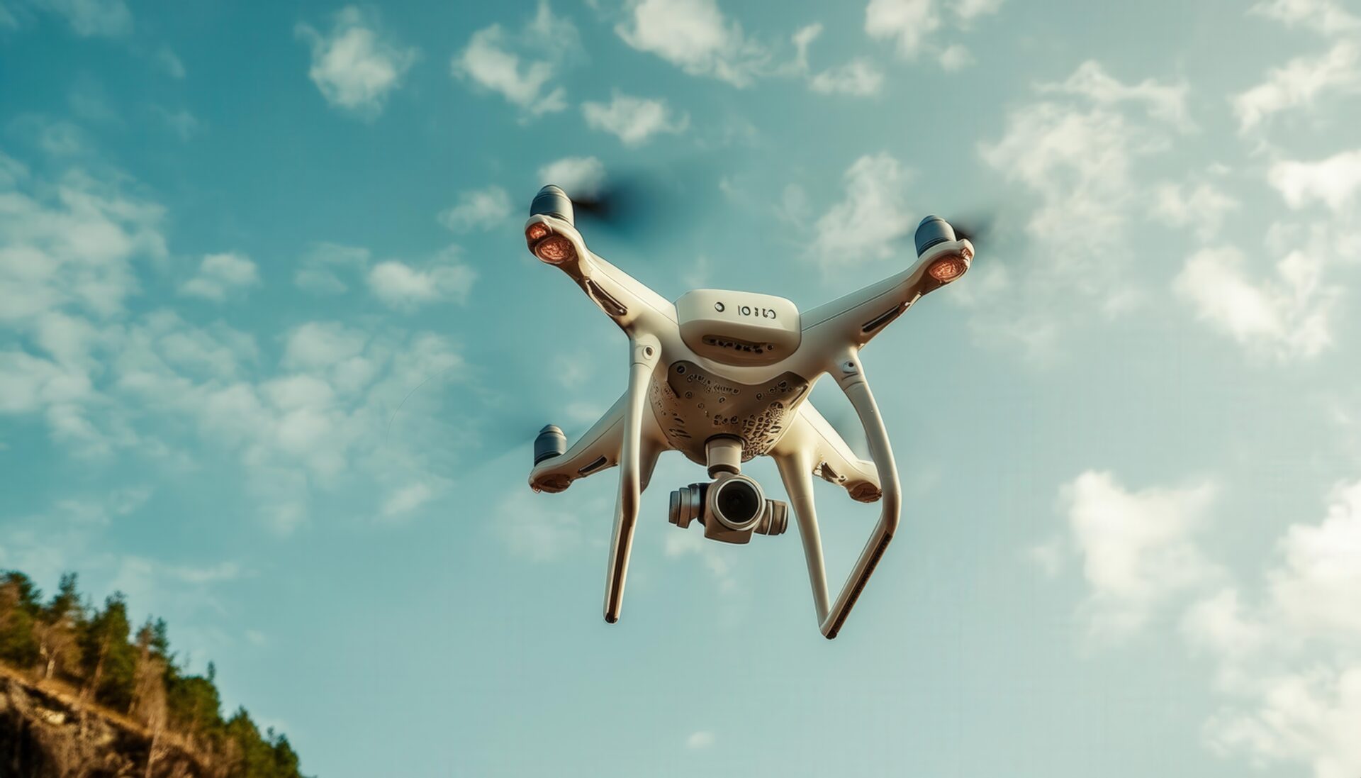 青空を飛行する白いドローン