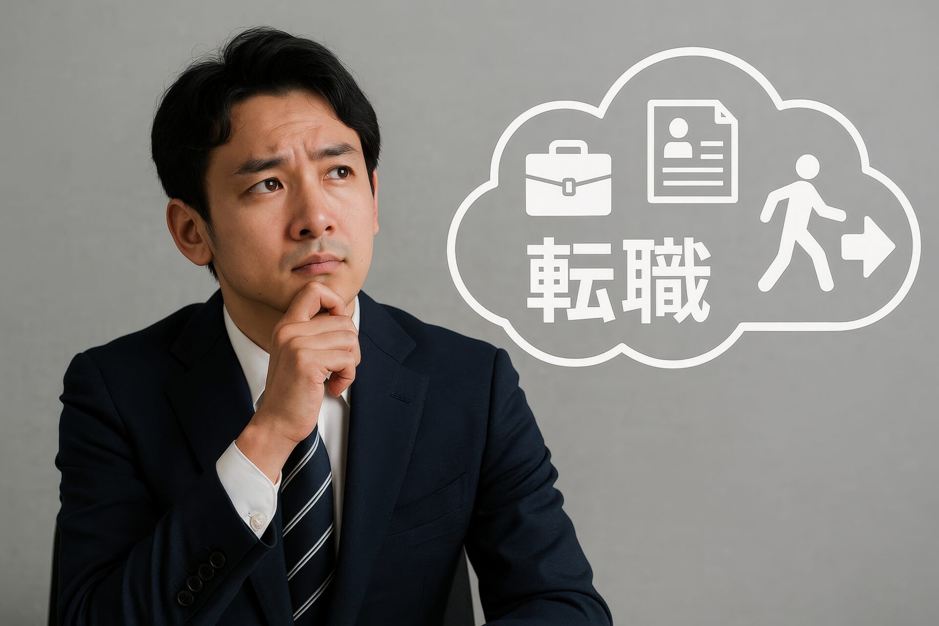 転職の吹き出しと考えるスーツ姿の若い男性