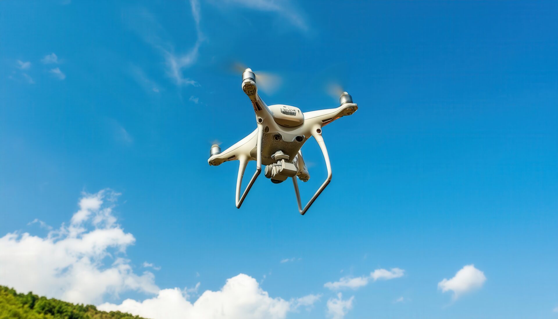 青い空に浮かぶ白いドローン