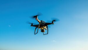 夕日に照らされた空を飛ぶ黒いドローン