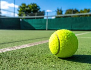 晴天のテニスコートとテニスボール