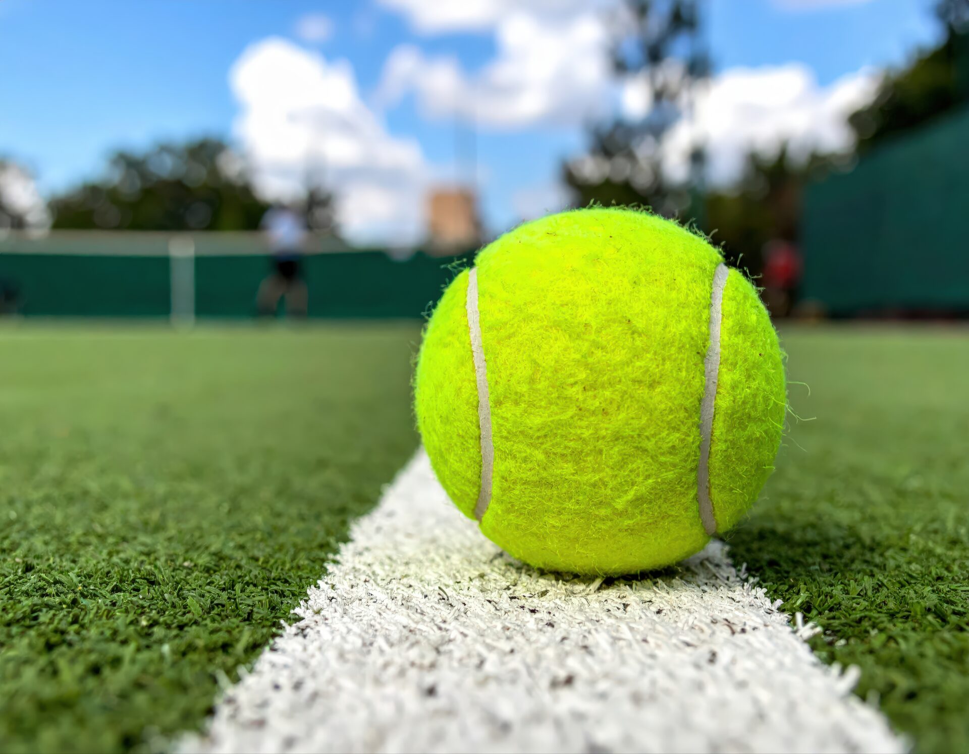 テニスコートの白線に置かれたボール