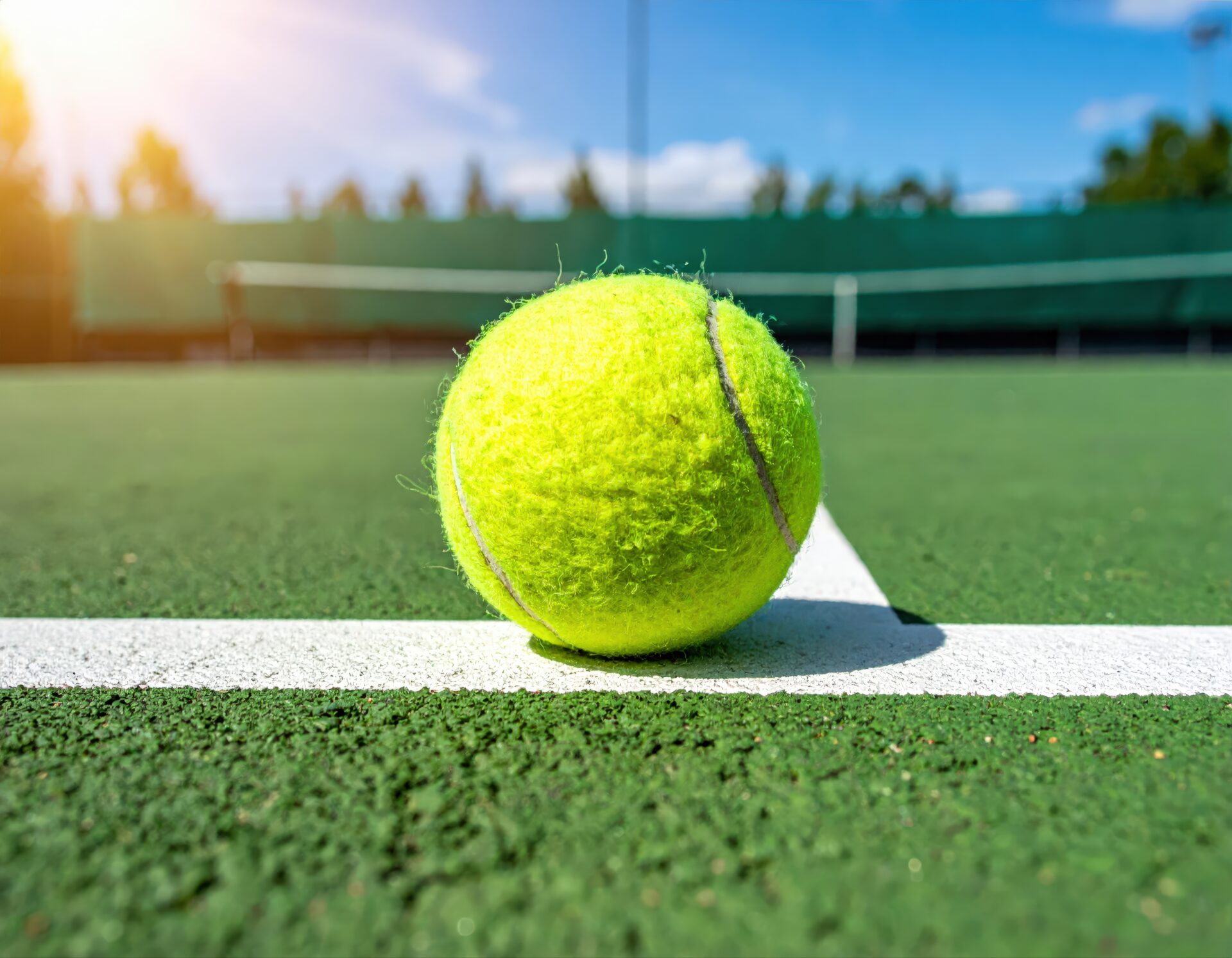 朝日の当たるテニスボールと白線