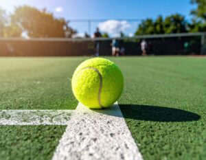 日差しの下のテニスボールとコート